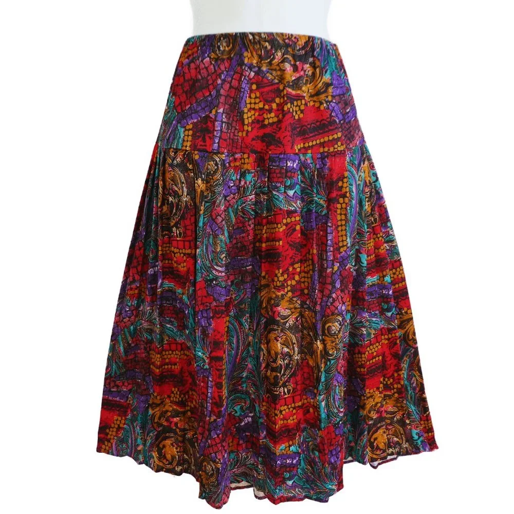 70s Vintage Pleated Midi Skirt Psychedelic Drop Waist Nylon Knit Mesh Elastic L